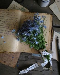 a bouquet of blue flowers sitting on top of an open book next to a pen