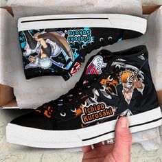 Introducing the ultimate footwear for die-hard fans of the iconic Bleach Anime series! Our Ichigo Kurosaki and Gintoki Sakata High Top Shoes are custom-designed to showcase your love for these legendary characters while providing unmatched comfort and style. These high top shoes are meticulously crafted with premium materials, ensuring durability and long-lasting wear. The vibrant and detailed artwork of Ichigo Kurosaki and Gintoki Sakata is expertly printed on the shoes, capturing every essence Black High-top Sneakers With Anime Print, Black Sneakers With Anime Print For Sports, Black Casual Custom Sneakers With Anime Print, Black Sneakers With Anime Print And Round Toe, Black Anime Print Sneakers With Round Toe, Casual Black Sneakers With Anime Print, Black High-top Sneakers With Character Print, Harajuku High-top Sneakers With Anime Print, Harajuku Black Sneakers With Rubber Sole