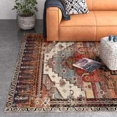 a living room area with a couch, rug and potted plant