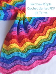 a crocheted rainbow ripple blanket with text reading rainbow ripple crochet blanket pdf uk items