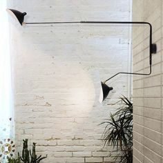 a white brick wall with two black lamps on it and plants in the foreground