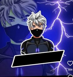 an anime character wearing a face mask and holding a sign with lightning in the background