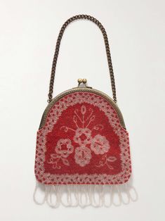 Shop BODE Amrita fringed beaded canvas tote, Explore the latest BODE women's collection today on NET A PORTER Vintage Red Bags For Wedding, Vintage Red Wedding Bag, Vintage Red Wedding Bags, Beaded Canvas, Emily Adams, Antique Window, Antique Windows, Embroidered Tote Bag, Eyewear Shop