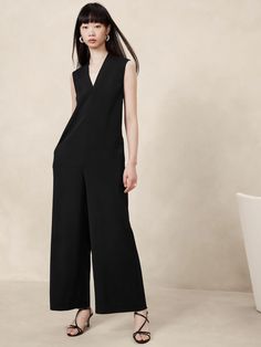 Luna Jumpsuit | Banana Republic Sleek Jumpsuit, Black Sleeveless Jumpsuit, Black White Jumpsuit, Satin Jumpsuit, Wide Leg Romper, Long Sleeve Romper, Crepe Fabric, Polo Dress, Outfits With Leggings