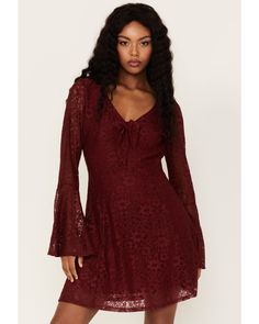 Beyond The Radar Women's Lace Tie Front Dress, Wine Dresses Country, Boots Dresses, Dress Wine, Lace Tie, Tie Front Dress, Western Wedding, Long Sleeve Mini, Romper With Skirt, Lace Design