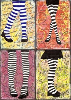 three women's legs with striped stockings on them