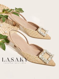 Lasaky - Refined Slingback Sandals with Pyramid Heels and Imitation Pearl Buckle Detailing Pyramid Heels, Womens Low Heels, Kitten Heel Sandals, Low Heel Sandals, Size 11 Heels, Point Shoes, Slingback Shoes, Slingback Sandals, Elegant Shoes