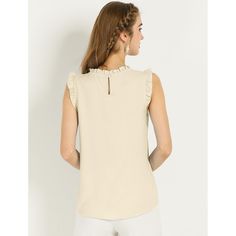 The ruffled sleeveless design would show demure, feminine grace, and also lend shape and texture. Crafted from a lightweight material, it is shaped with an elegant crew neckline, and pleat detailing, and comes in a relaxed cut for easy, breezy wear. This vintage blouse is designed with ruffled trim and solid color, especially for a professional look at work. Feminine Ruffle Hem Tank Top, Elegant Sleeveless Ruffle Hem Blouse, Elegant Sleeveless Blouse With Ruffle Hem, Sleeveless Solid Color Ruffled Top, Chic Sleeveless Beige Blouse, Solid Color Sleeveless Top With Ruffles, Sleeveless Ruffled Blouse, Sleeveless Ruffle Blouse, Feminine Ruffled Tank Top