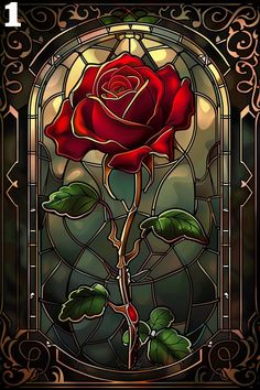 a stained glass window with a rose on it