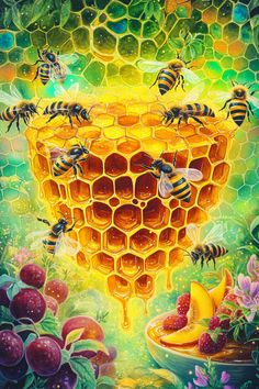 bees and honeycombs are depicted in this painting