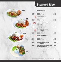 the menu for steamed rice is shown in three different languages