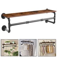 the shelf is made out of wood and has two hooks for hanging clothes on it