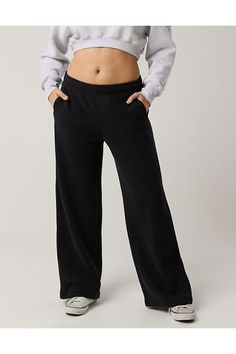 THE LOOK: Holds its shape. Elevated basic. Wide leg silhouette./THE FEEL: Brushed. Soooo soft on the inside. Weightless./THE MOVES: On the go./Accessibility deets: elastic waistband & internal drawstring for easier on/off! Aerie Wide Leg Pant, Relaxed Fit Sweatpants For Everyday, Sporty Wide Leg Sweatpants For Everyday, Sporty Wide Leg Sweatpants, Everyday Full Length Sweatpants With Ribbed Waistband, Everyday Stretch Full-length Sweatpants, Basic Solid Bottoms With Comfort Waistband, Sporty Full Length Sweatpants For Everyday, Solid Full-length Bottoms For Everyday