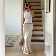 Tossa Draw String Waist Maxi Satin Skirts - 7 Colors Minimalist Outfits Aesthetic, White Satin Skirt Outfit, Masters Outfit, Beige Maxi Skirt, Summer Date Outfit, Holidays Outfits, White Satin Skirt, Satin Skirts, Satin Skirt Outfit