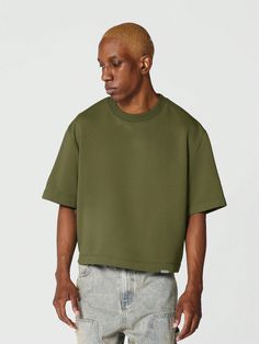 Crop Fit Premium Heavyweight Tee Green Casual  Short Sleeve Knitted Fabric Plain  Slight Stretch  Men Clothing, size features are:Bust: ,Length: ,Sleeve Length: Cropped T Shirt Men, Oversized Crop Top, Crop Top Dress, Tee Shirt Homme, Cropped Tee, Plain Tshirt, New Wardrobe, Men Clothing, Crop Tee