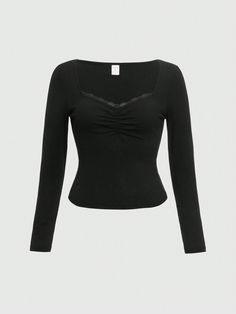 Plus Size Solid Color Lace Trim Pleated Diamond Neck Long Sleeve Casual T-Shirt Black Casual  Long Sleeve Knitted Fabric Plain  Medium Stretch  Women Plus Clothing, size features are:Bust: ,Length: ,Sleeve Length: Cute Undershirts, Dr Wardrobe Ideas, Long Sleeve Shirts Aesthetic, Grunge Long Sleeve Shirt, Black Long Sleeve Outfit, Lace Shirt Outfit, Black Shirt Women, Long Sleeve Under Shirt, Black Long Sleeved Shirt