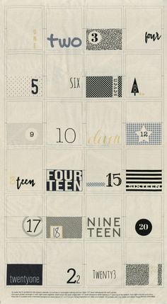 an advertisement for twenty two, featuring different types of letters and numbers on white paper