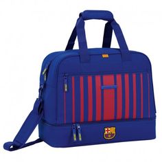 a blue and red bag with stripes on the front, shoulder strap and bottom compartment