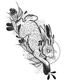 an ink drawing of a rabbit with feathers and flowers