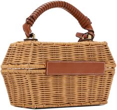 Structured hand-woven wicker top handle bag in beige. · Buffed leather trim throughout · Knotted detailing at leather-wrapped fixed carry handle · Detachable leather logo tag · Flip-clasp closure · Mirror at interior · Linen hopsack lining · Logo-engraved gold-tone hardware · H4 x W7.75 x D3.25 Supplier color: Natural Staud Rectangular Shoulder Bag With Detachable Handle, Staud Rectangular Shoulder Bag With Top Carry Handle, Staud Rectangular Shoulder Bag With Top Handle, Staud Rectangular Shopping Bags, Staud Rectangular Shoulder Bag With Leather Handles, Chic Brown Bag For Picnic, Staud Brown Rectangular Bag, Staud Brown Rectangular Bags, Rectangular Bags With Leather Handles For Picnic