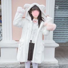 Fabric material:plush. Color:white,black, Size:one size. Length:85cm/33.15". Bust:104cm/40.56". Shoulder:35cm/13.65". Sleeve length:65cm/25.35". Shipping: Free Shipping Worldwide for order over 15$, 7-15 days delivery to US/UK/CA/AU/FR/DE/IT and most Asia Countries Bear Ear Hoodie, Cat Winter, Kawaii Sweater, Mode Kawaii, Style Kawaii, Plush Coat, Neko Cat, Black Kitten, Hoodie Coat