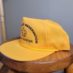 I Think It Was Never Worn. Scouts Honor. Pioneer Scout Reservation Camp Frontier Easily 1970s But I Suspect 1960s Yellow Retro Hat For Outdoor, Retro Yellow Hats For Outdoor, Retro Yellow Hat For Outdoor, Retro Yellow Outdoor Hat, Retro Yellow Hat For Summer, Yellow Retro Summer Hat, Retro Yellow Summer Hat, Vintage Gold Hat With Flat Brim, Retro Yellow Hat With Curved Brim