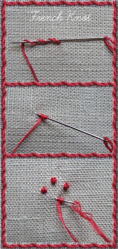 an image of some red thread on the side of a piece of gray fabric with two knitting needles