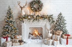 a fireplace decorated with christmas decorations and presents in front of a white brick fire place