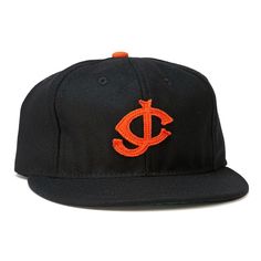 a black hat with an orange d on it