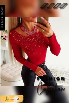 Sale Women T-shirt Knit Halter Beading Tops Sexy Hollow Out Black Red Ladies Tee Shirt Spring Slim Tops Long Sleeve Camisa D30 Trendy Red T-shirt For Party, Red Fitted T-shirt For Party, Red Club Top For Fall, Red Top For Club In Fall, Red Crew Neck Tops For Night Out, Stretch Red Party Tops, Red Stretch Party Tops, Red Stretch Tops For Party, Women's Outfits By Occasions