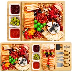 two wooden trays filled with different types of snacks and fruit on top of each other