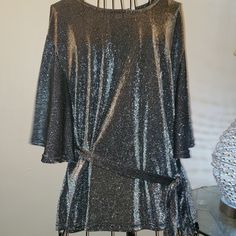 Beautiful Metallic Grey Ny&C Blouse With Belt.Perfect For A Evening Party With Black Pants Or A Skirt. It's A Sparkly Top. Never Been Worn Spring Glamorous Shiny Blouse, Glamorous Shiny Blouse For Spring, Elegant Shiny Blouse For Party, Holiday Shimmer Blouse For Night Out, Chic Shiny Blouse For Party, Glamorous Metallic Shimmer Blouse, Silver Shimmer Top For Party, Silver Shimmer Party Tops, Spring Party Blouse With Shimmer