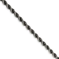 A Striking Mixture Of Tone And Texture, This Solid Link Rope Chain Made From Sterling Silver And Black Ruthenium Plating Will Add A Unique Statement Of Elegance To Your Everyday Look. This Two-Tone Chain Necklace Measures 4mm In Width, 26 Inches In Length And Fastens With A Lobster Clasp. Made In Italy. This Item Has An Approximate Weight Of 35.93 Grams. Black Bow Item Number: C9521-26 Anchor Chain, Rope Chain Necklace, Bow Jewelry, Sterling Necklaces, Black Plates, Disc Pendant, Mens Accessories Jewelry, Metal Chain Link, Jewelry Companies