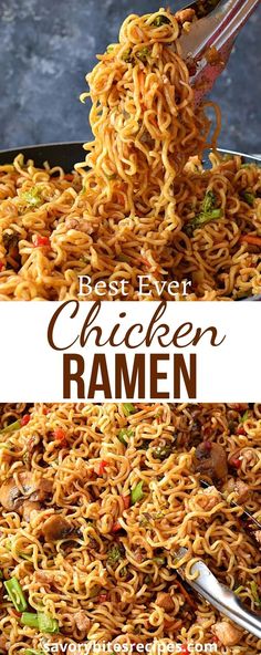 chicken ramen noodle recipe in a skillet with the title overlay that reads, under 30 mins chicken ramen noodles