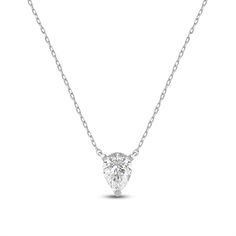 Add instant glamour to your daily wear with this pear solitaire necklace. The white gold pendant features a stylized three-prong basket securing pear-cut diamond that points downwards. This necklace delivers a subtle sparkle that can go from office to evening wear with ease. Timeless Solitaire Teardrop Pendant Necklace With Brilliant Cut, Timeless Teardrop Solitaire Necklace With Brilliant Cut, Timeless Solitaire Necklace With Teardrop Brilliant Cut, Timeless Teardrop Pendant Solitaire Necklace With Brilliant Cut, White Gold Necklace With Single Pear-shaped Diamond, White Gold Pear-shaped Single Diamond Necklace, White Gold Pear-shaped Necklace With Diamond, Pear-shaped White Gold Necklace With Single Diamond, Classic White Solitaire Teardrop Pendant Necklace