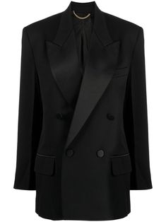 black wool blend peak lapels double-breasted button fastening jetted chest pocket two side flap pockets long sleeves buttoned cuffs straight hem Elegant Black Suit With Double-breasted Button Fastening, Designer Formal Blazer With Hidden Button Closure, Black Double-breasted Formal Blazer, Timeless Long Sleeve Tuxedo For Work, Formal Black Double-breasted Suit, Classic Formal Blazer Dress With Pressed Crease, Classic Black Double-breasted Tuxedo, Elegant Double-breasted Sport Coat With Double Button, Classic Blazer Dress With Lapel Collar