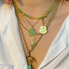 "Back in Stock! Seaglass Green Buddha set in gold vermeil with swivel lobster clasp, measures 9 1/4\" long. Shown with our Chalcedony beaded necklace sold separately. For more of our one of a kind jewelry and neck stack ideas go to our website: www.ficklefoxco.com" Gold Jade Amulet Necklace, Gold Jade Pendant Necklace, Gold Jade Necklace Gift, Spiritual Gold Crystal Necklaces, Unique Single Strand Gold Jewelry, Unique Gold Single Strand Jewelry, Spiritual Gold Jade Beaded Necklaces, Spiritual Gold Jade Beaded Necklace, Gold Jade Beaded Necklaces With Gemstone Beads