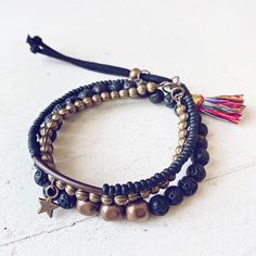 black sea and treasure // beachy bracelet style pack, set of 3 by Peacock & Lime Beachy Bracelets, Black Beaded Bracelet, Brass Bar, Beachy Vibes, Black Beaded Bracelets, Small Bracelets, Brass Beads, Bracelet Style, Lava Bead