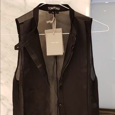 Tom Ford Black Silk Sleeveless Shirt Designer Sleeveless Tops For Evening, Designer Sleeveless Party Tops, Designer Sleeveless Silk Top, Designer Silk Sleeveless Tops, Black Silk Sleeveless Tank Top, Black Formal Summer Vest, Black Summer Formal Vest, Designer Black Sleeveless Top, Formal Black Sleeveless Tank Top