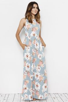 Made in the USA 95% Polyester 5% Spandex Has Pockets S Size Length 55 1/2" Burgundy Bouquet, Blue Floral Maxi Dress, Luxurious Dresses, Pastel Floral, Grey Floral, Floral Maxi, Pastel Blue, Floral Maxi Dress, Baby Dress