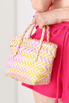 Basket Wave Handbag - Tasha Apparel Wholesale Casual Striped Bags For Vacation, Casual Striped Vacation Bags, Casual Striped Summer Shoulder Bag, Casual Striped Shoulder Bag For Summer, Trendy Pink Beach Bag For Shopping, Casual Striped Rectangular Straw Bag, Striped Beach Bag For Everyday Summer Use, Casual Striped Straw Bag For Beach, Spring Beach Striped Bags