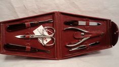 Here is a quality women’s manicure set inside an alligator grained leather case. The rich leather and classic design makes this one of the best designed travel sets anywhere.  This manicure set is very organized inside.  All the tools slip in a  loop for for easy replacement.   Nice.  We are a good place to find a unique manicure set online.  You get a nail clipper, nail scissor, nail file, tweezers, and two cuticle pushers.. The tools are stainless steel from Italy.  Retail 100.00 Unique Manicure, Cuticle Pushers, Nail Scissors, Travel Set, Manicure Set, Beauty Nail, Manicure E Pedicure, Nail Clippers, Tweezers