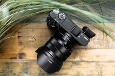 a black camera sitting on top of a wooden table next to a potted plant