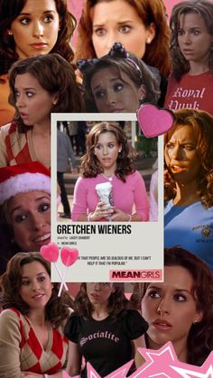 a collage of the mean girls with pink hearts and stars on their chests