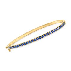 Ross-Simons - 2.00ct t. w. Sapphire Bangle Bracelet in 18kt Yellow Gold Over Sterling. 8". A splash of vibrant color makes any stack more memorable. This classic bangle bracelet is studded with 2.00 ct. t. w. round sapphires, and set in 18kt yellow gold over sterling silver. Solidify a signature look by pairing with more of your favorite gemstones! Hinged with a figure 8 safety. Box clasp, sapphire bangle bracelet. Sapphire birthstones are the perfect gift for September birthdays. Jewelry Stacking Bracelet, Sapphire Bangle, Star Bangle, Classic Bangles, Safety Box, Sapphire Birthstone, Round Sapphire, Diamond Bangles Bracelet, Fine Jewelery