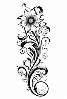 a black and white flower tattoo design with swirls on the bottom half of it