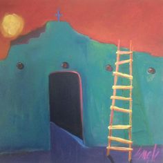 a painting of a ladder leading to a door with the moon in the sky above it