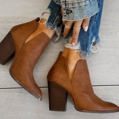 Mata faux leather tan chunky heel ankle slip on pointed toe booties. Fit true to size. Black One Shoulder Top, Brown Combat Boots, Tan Ankle Boots, Fall Booties, Tan Booties, Tan Boots, Square Toe Heels, Brown Booties, High Heel Boots Ankle