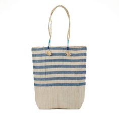 Blue Stripe Market Bag Eco-friendly Fair Trade Beach Bag For Shopping, Artisan Blue Tote Bag, Blue Handwoven Bucket Bag, Blue Bags Made Of Recycled Materials, Eco-friendly Handwoven Blue Bags, Eco-friendly Blue Bag From Recycled Materials, Eco-friendly Blue Bag Made Of Recycled Materials, Eco-friendly Blue Bags Made From Recycled Materials, Blue Jute Travel Bag