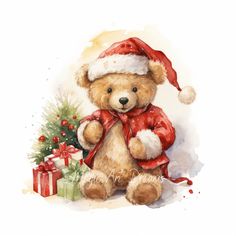 a watercolor painting of a teddy bear wearing a santa hat and holding a christmas present